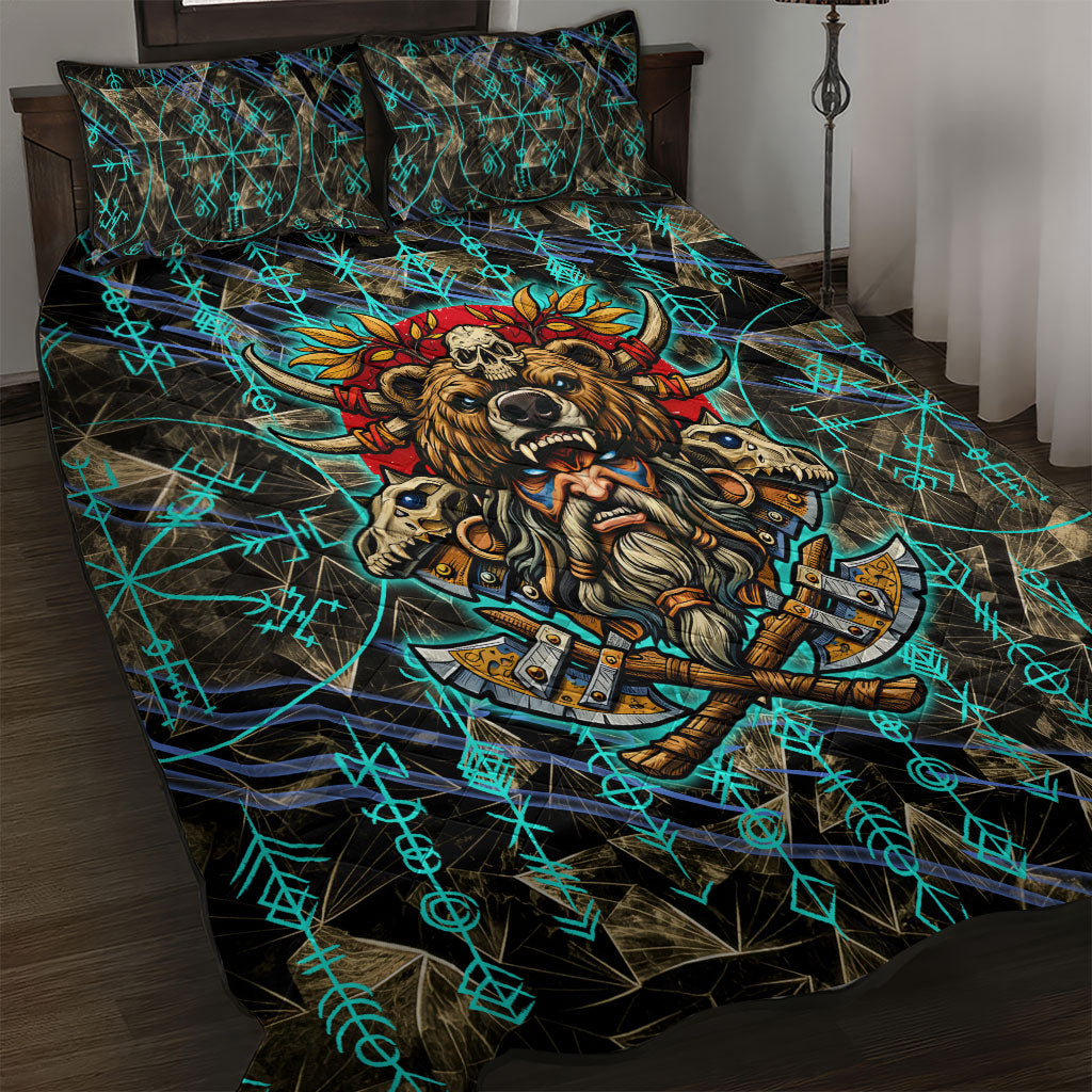 Viking Berserker Bear Warrior Quilt Bed Set Norse Mythology Rune Sigil Illustration