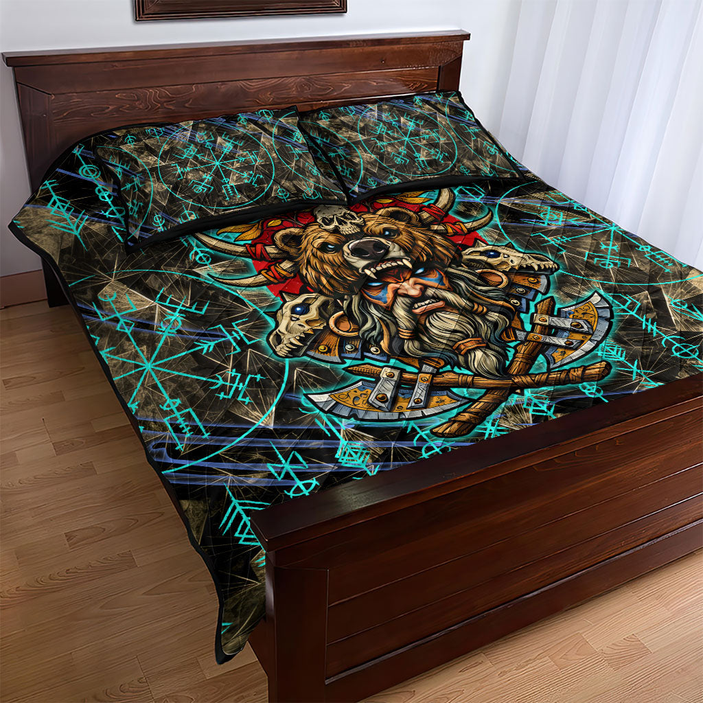 Viking Berserker Bear Warrior Quilt Bed Set Norse Mythology Rune Sigil Illustration