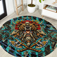 Viking Berserker Bear Warrior Round Carpet Norse Mythology Rune Sigil Illustration