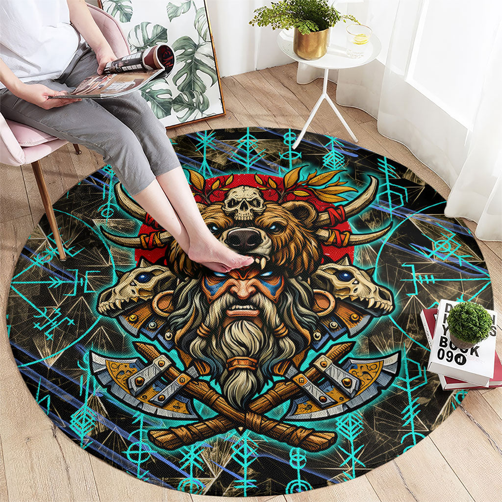Viking Berserker Bear Warrior Round Carpet Norse Mythology Rune Sigil Illustration