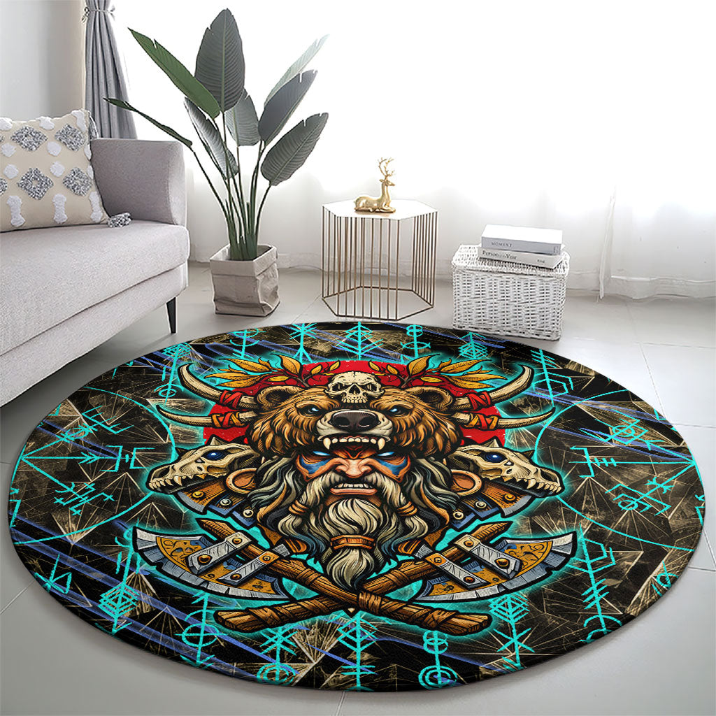 Viking Berserker Bear Warrior Round Carpet Norse Mythology Rune Sigil Illustration