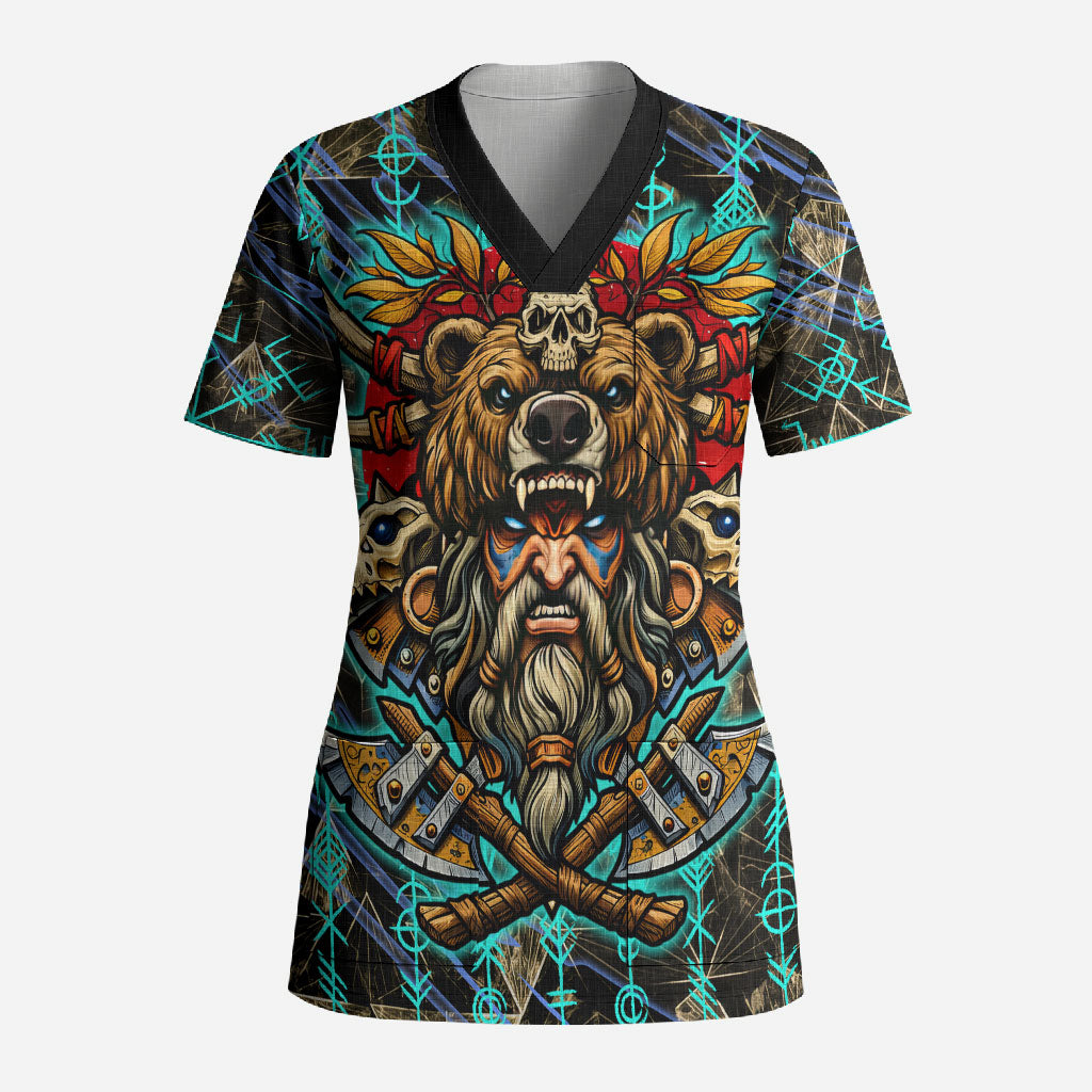 Viking Berserker Bear Warrior Scrub Top Norse Mythology Rune Sigil Illustration