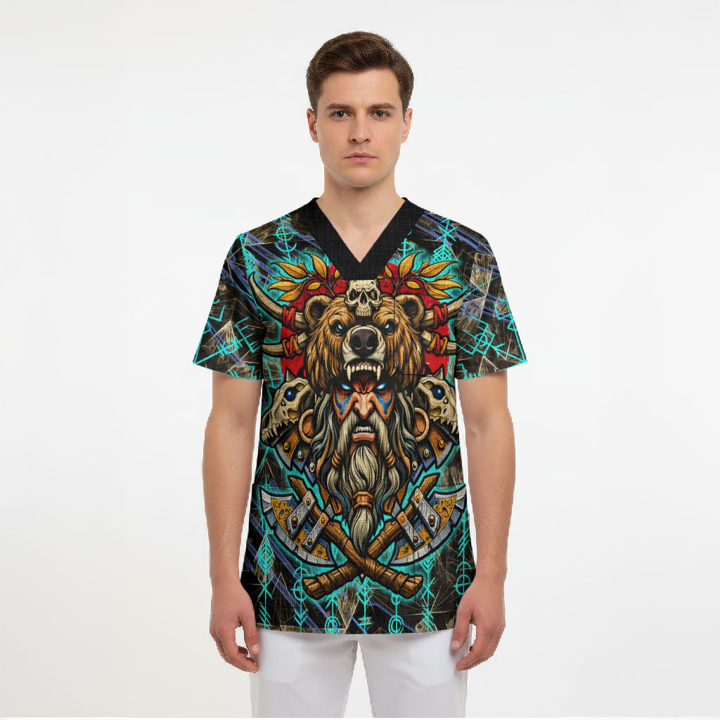 Viking Berserker Bear Warrior Scrub Top Norse Mythology Rune Sigil Illustration