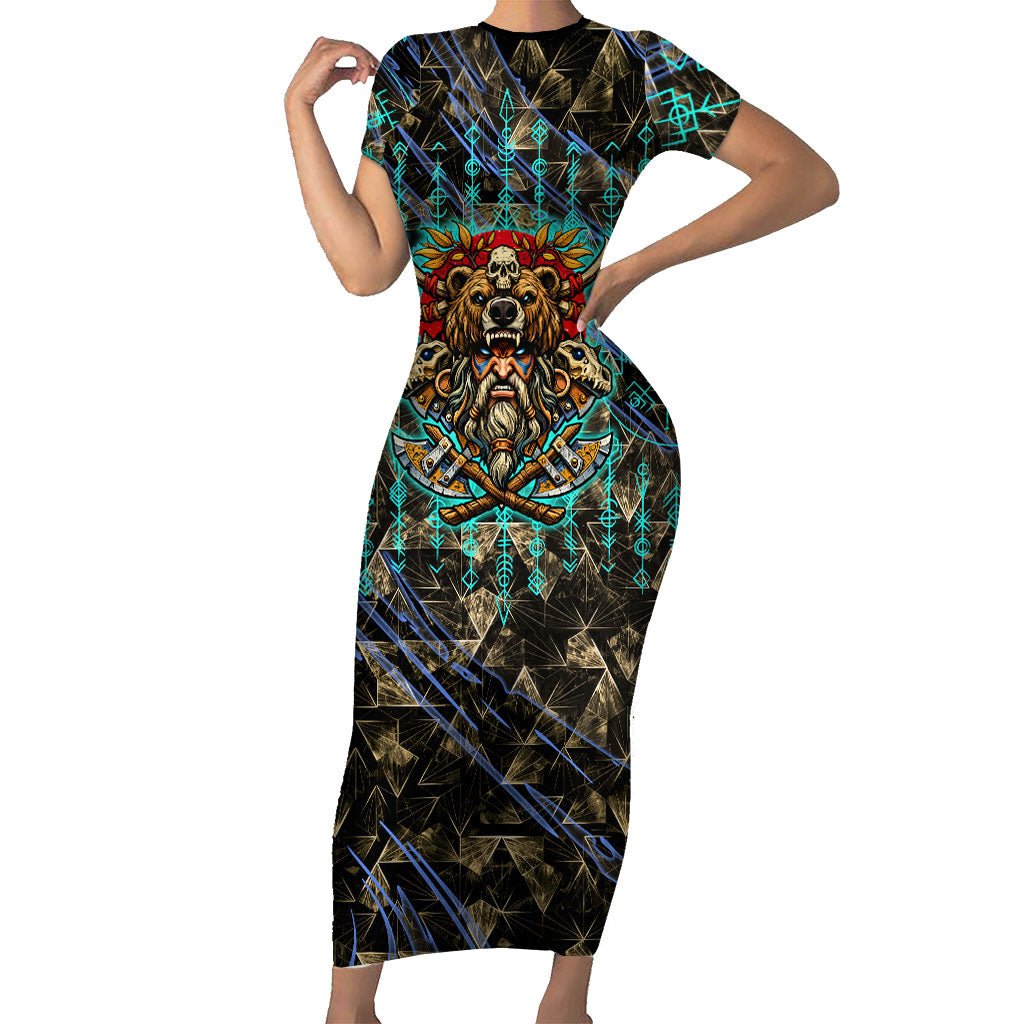 Viking Berserker Bear Warrior Short Sleeve Bodycon Dress Norse Mythology Rune Sigil Illustration