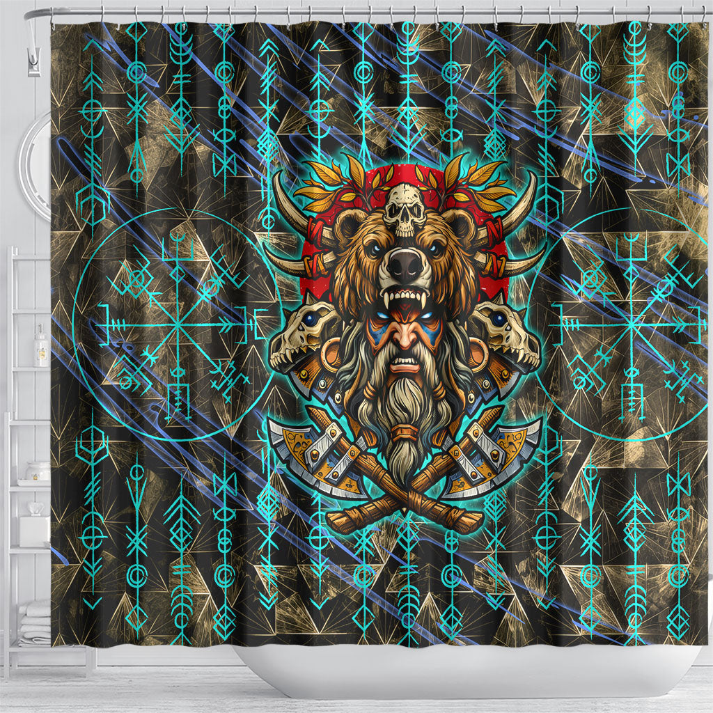 Viking Berserker Bear Warrior Shower Curtain Norse Mythology Rune Sigil Illustration