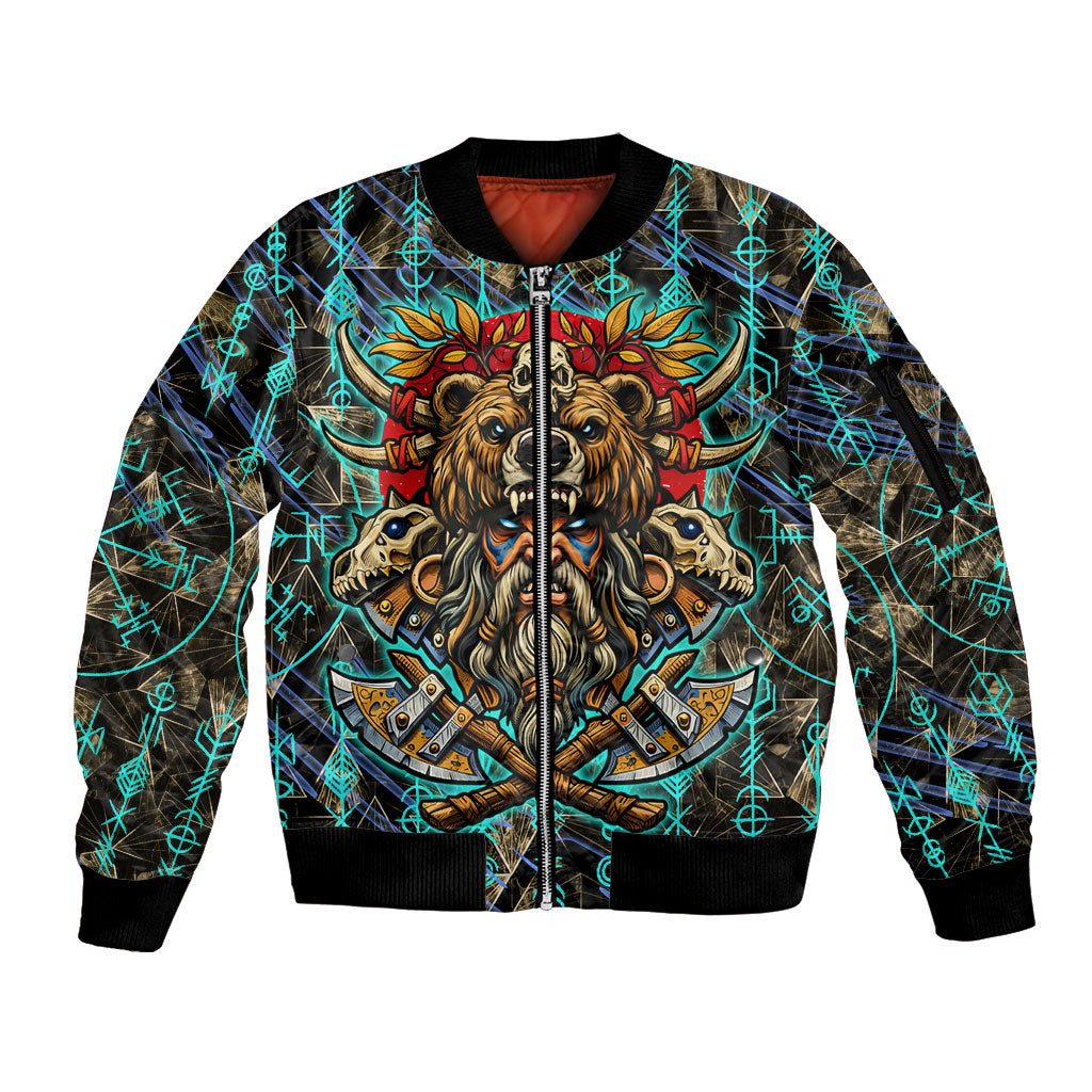Viking Berserker Bear Warrior Sleeve Zip Bomber Jacket Norse Mythology Rune Sigil Illustration
