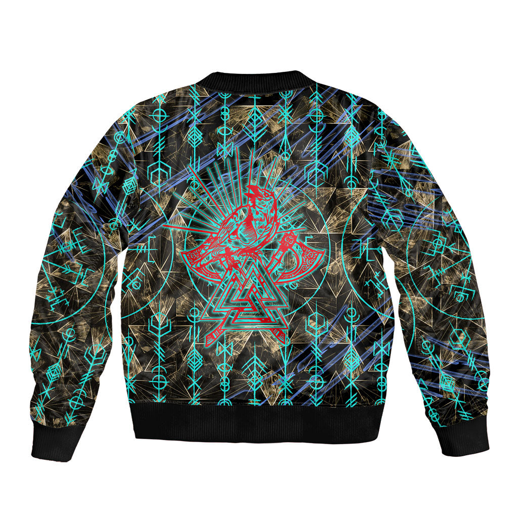 Viking Berserker Bear Warrior Sleeve Zip Bomber Jacket Norse Mythology Rune Sigil Illustration