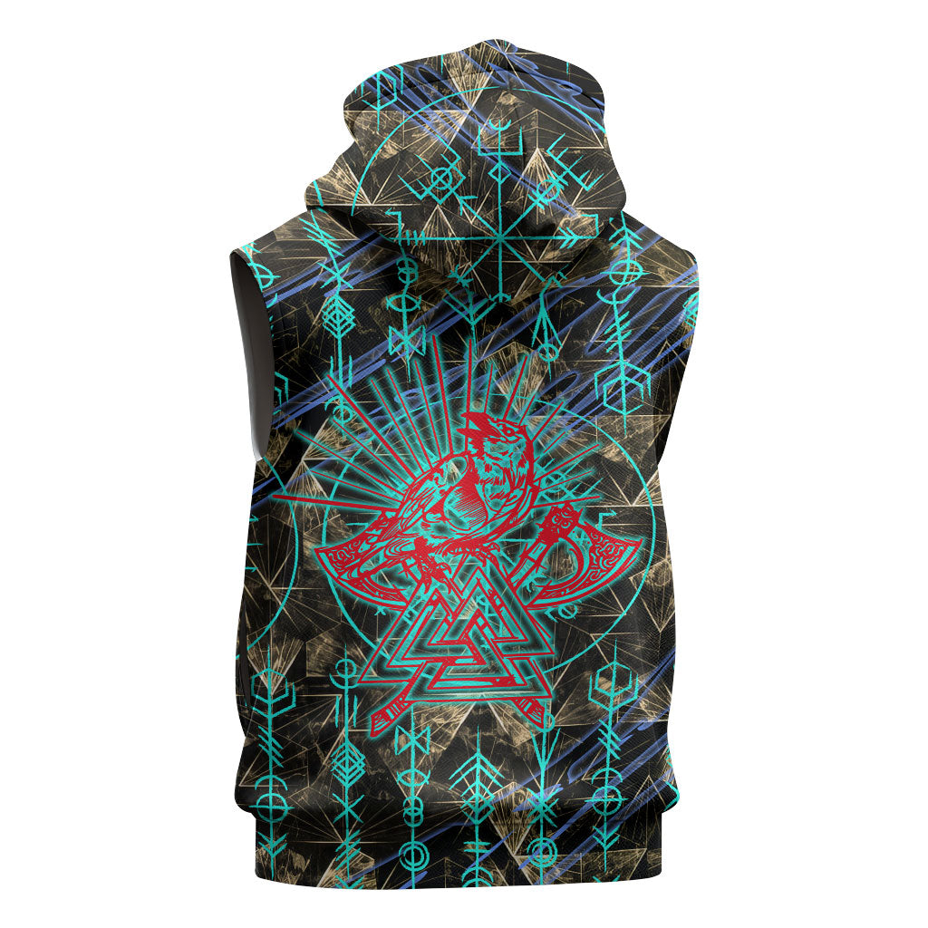 Viking Berserker Bear Warrior Sleeveless Hoodie Norse Mythology Rune Sigil Illustration