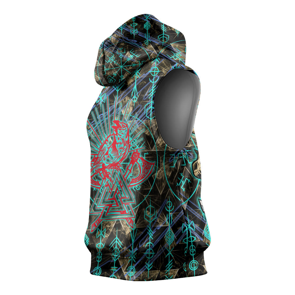 Viking Berserker Bear Warrior Sleeveless Hoodie Norse Mythology Rune Sigil Illustration