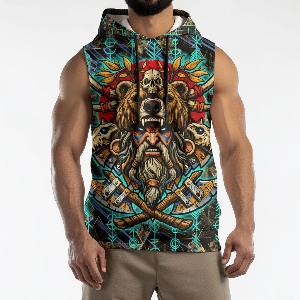 Viking Berserker Bear Warrior Sleeveless Hoodie Norse Mythology Rune Sigil Illustration