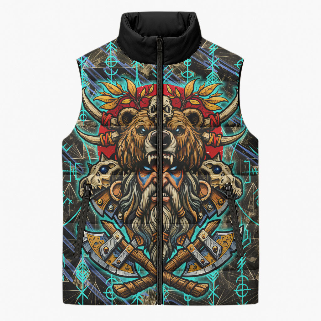 Viking Berserker Bear Warrior Sleeveless Puffer Jacket Norse Mythology Rune Sigil Illustration