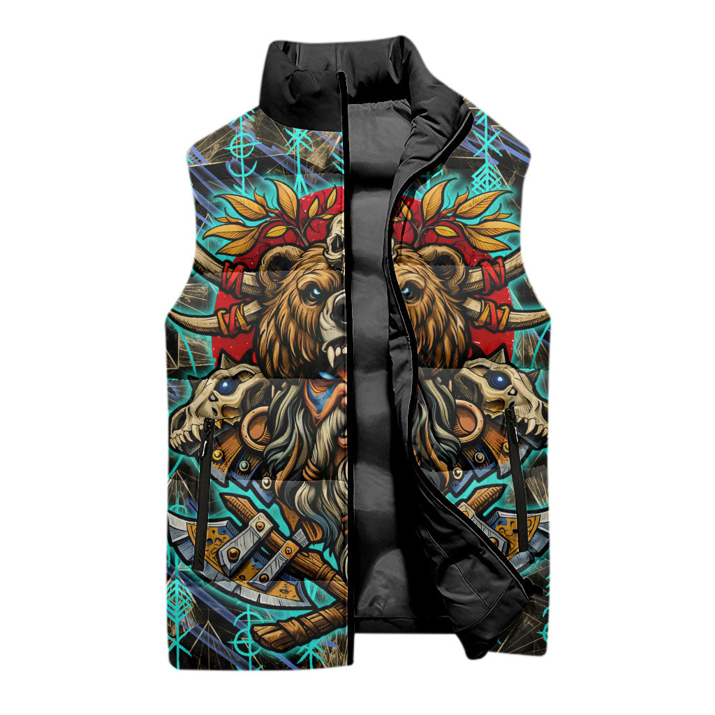 Viking Berserker Bear Warrior Sleeveless Puffer Jacket Norse Mythology Rune Sigil Illustration