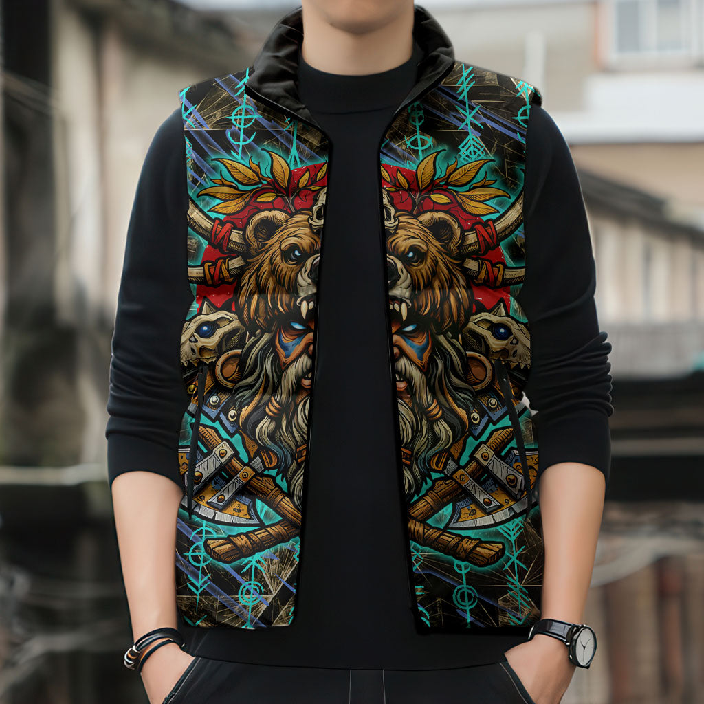 Viking Berserker Bear Warrior Sleeveless Puffer Jacket Norse Mythology Rune Sigil Illustration