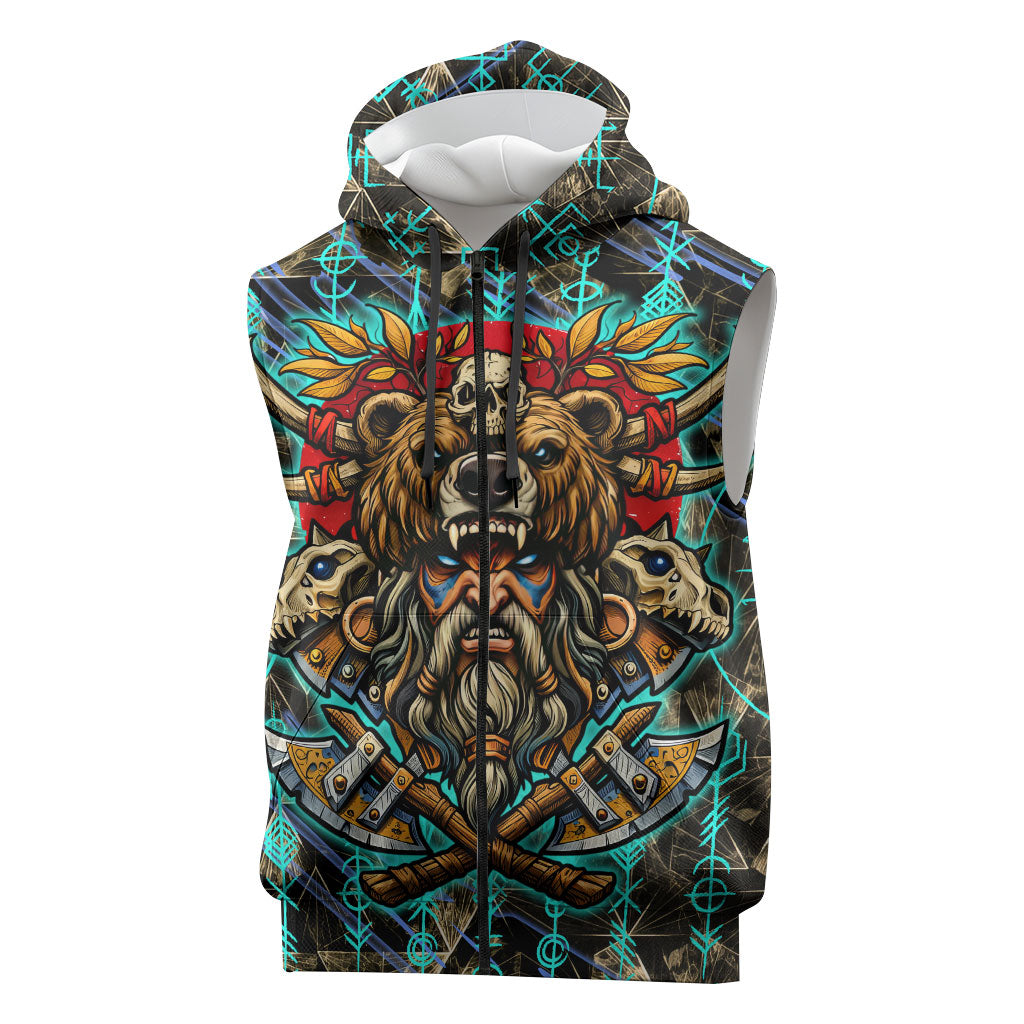 Viking Berserker Bear Warrior Sleeveless Zip Hoodie Norse Mythology Rune Sigil Illustration