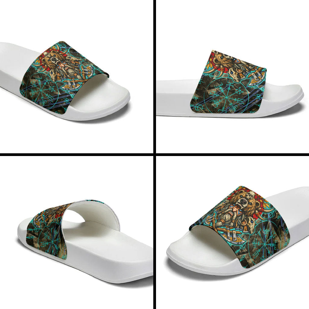 Viking Berserker Bear Warrior Slide Sandals Norse Mythology Rune Sigil Illustration