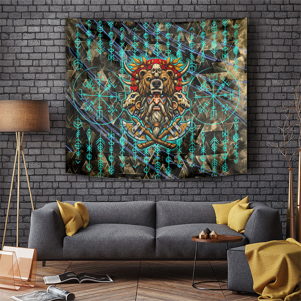 Viking Berserker Bear Warrior Tapestry Norse Mythology Rune Sigil Illustration