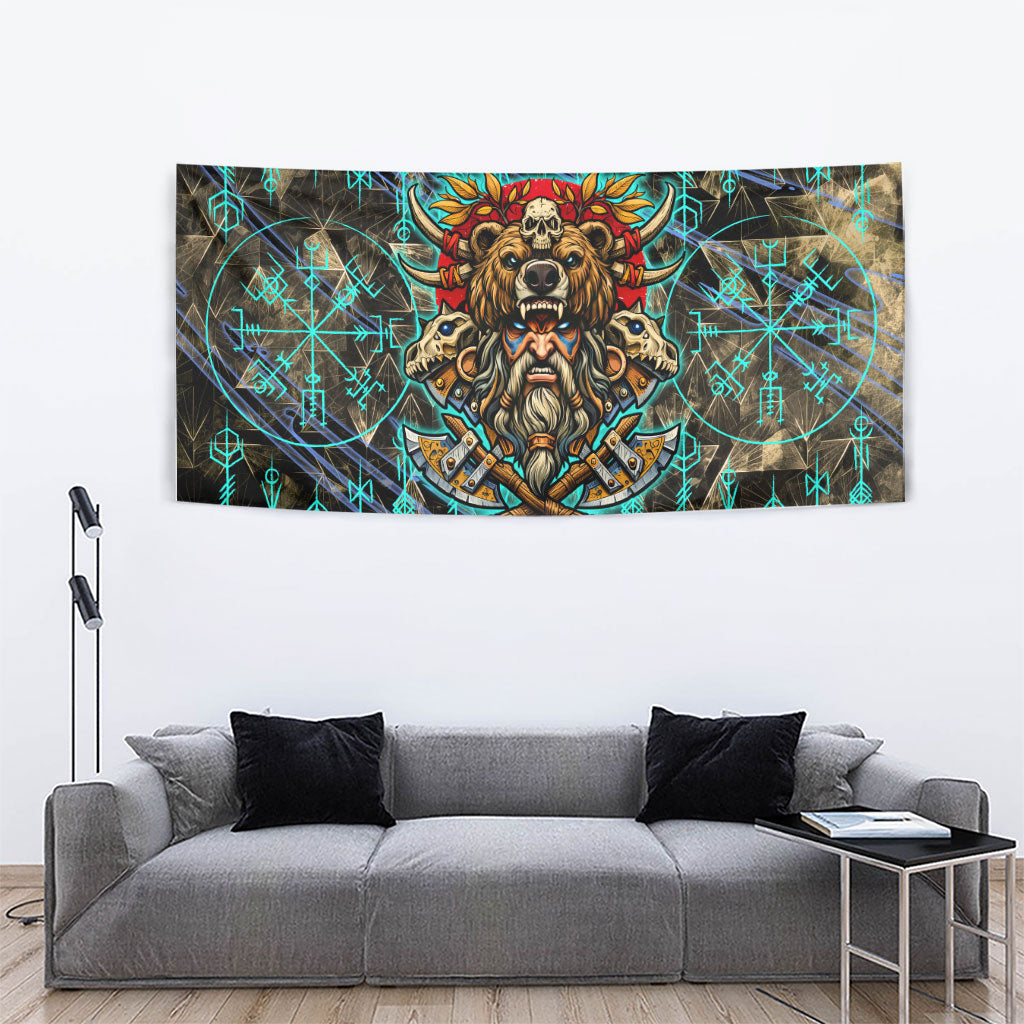 Viking Berserker Bear Warrior Tapestry Norse Mythology Rune Sigil Illustration