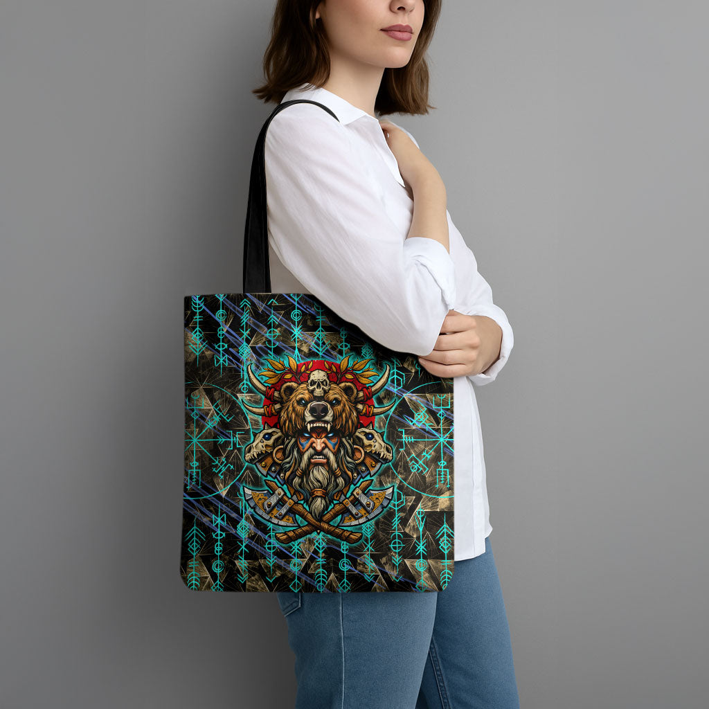 Viking Berserker Bear Warrior Tote Bag Norse Mythology Rune Sigil Illustration