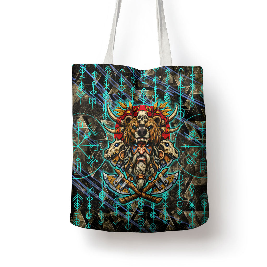 Viking Berserker Bear Warrior Tote Bag Norse Mythology Rune Sigil Illustration