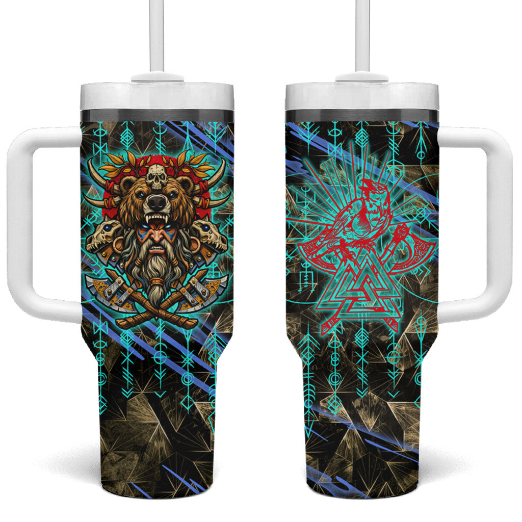 Viking Berserker Bear Warrior Tumbler With Handle Norse Mythology Rune Sigil Illustration