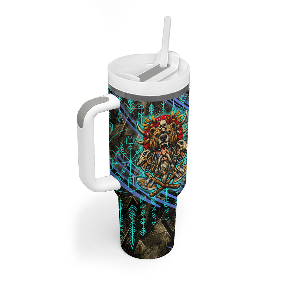 Viking Berserker Bear Warrior Tumbler With Handle Norse Mythology Rune Sigil Illustration