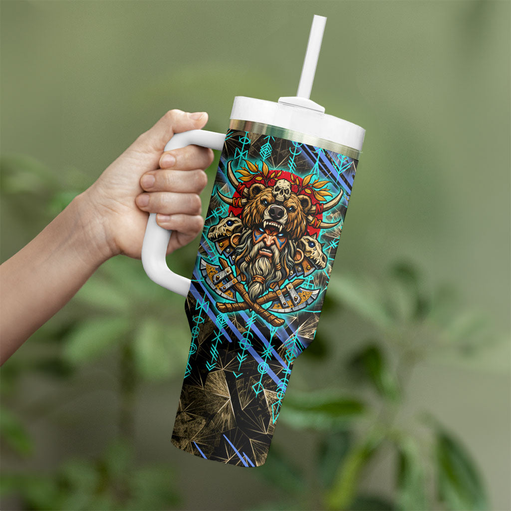 Viking Berserker Bear Warrior Tumbler With Handle Norse Mythology Rune Sigil Illustration