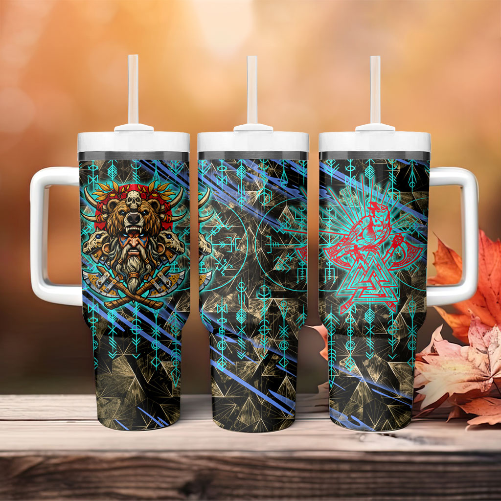 Viking Berserker Bear Warrior Tumbler With Handle Norse Mythology Rune Sigil Illustration
