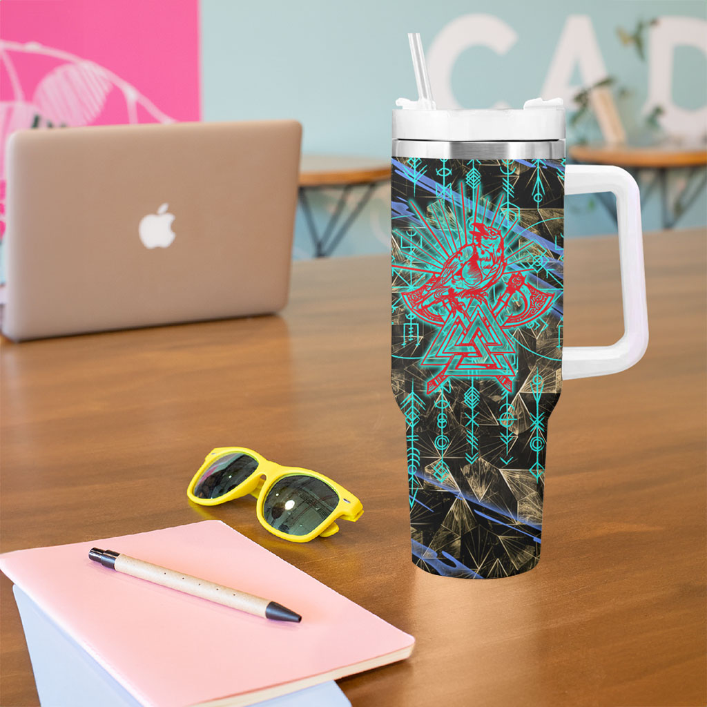 Viking Berserker Bear Warrior Tumbler With Handle Norse Mythology Rune Sigil Illustration