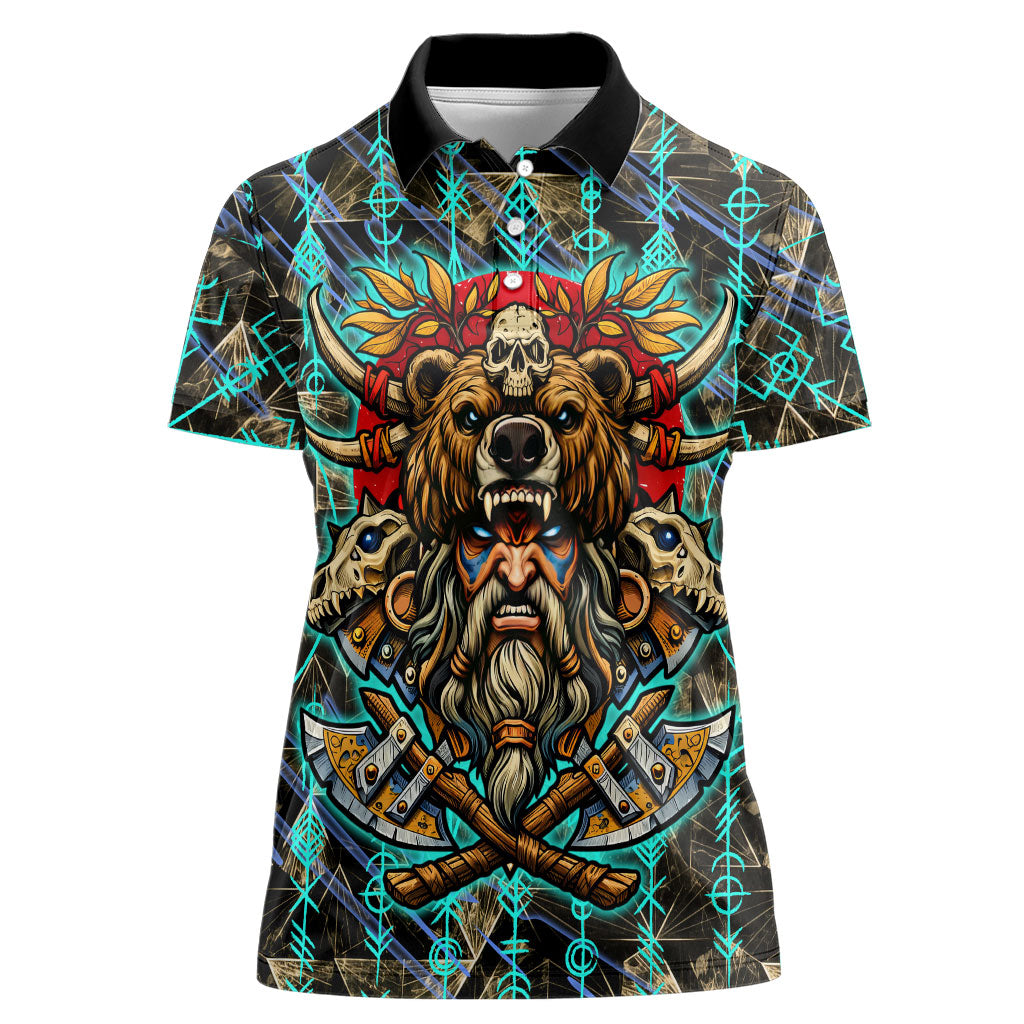 Viking Berserker Bear Warrior Women Polo Shirt Norse Mythology Rune Sigil Illustration