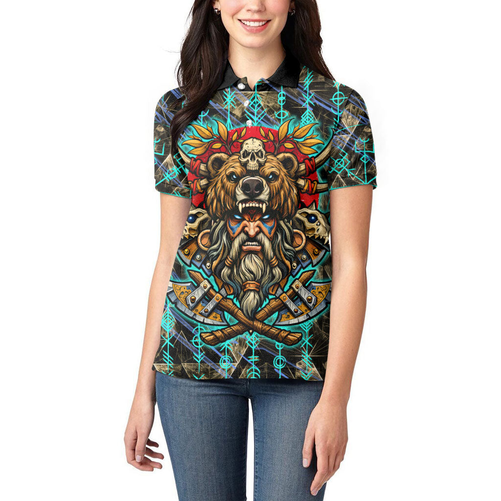 Viking Berserker Bear Warrior Women Polo Shirt Norse Mythology Rune Sigil Illustration