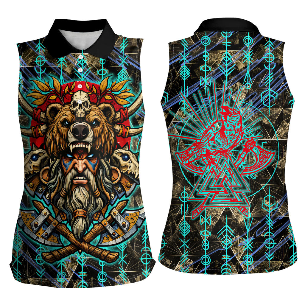 Viking Berserker Bear Warrior Women Sleeveless Polo Shirt Norse Mythology Rune Sigil Illustration