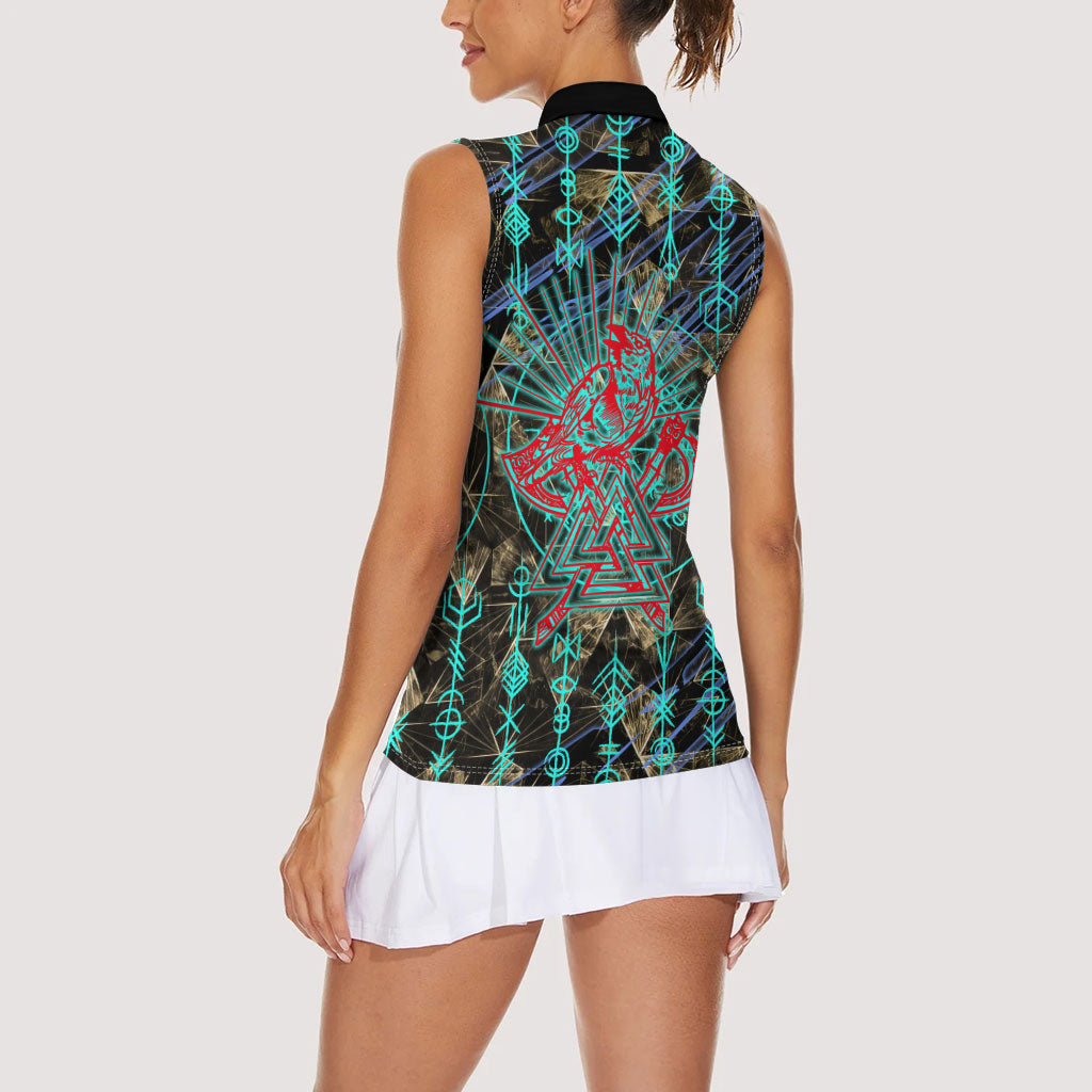 Viking Berserker Bear Warrior Women Sleeveless Polo Shirt Norse Mythology Rune Sigil Illustration