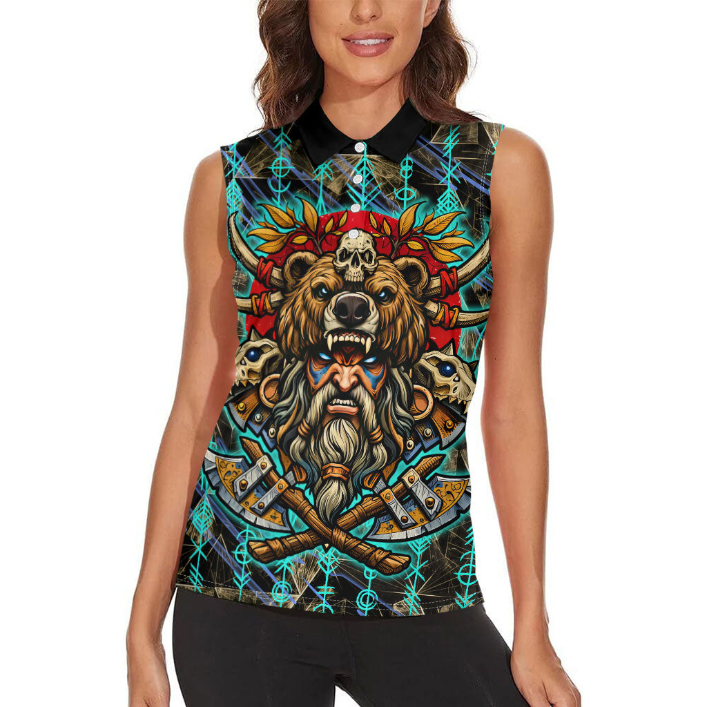 Viking Berserker Bear Warrior Women Sleeveless Polo Shirt Norse Mythology Rune Sigil Illustration