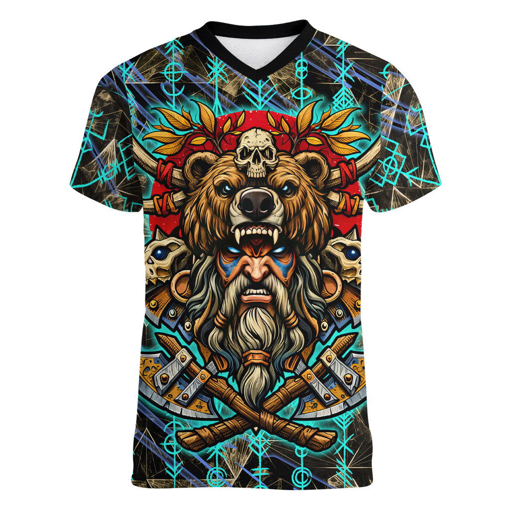 Viking Berserker Bear Warrior Women V-Neck T-Shirt Norse Mythology Rune Sigil Illustration