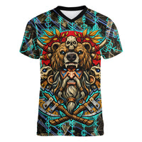 Viking Berserker Bear Warrior Women V-Neck T-Shirt Norse Mythology Rune Sigil Illustration