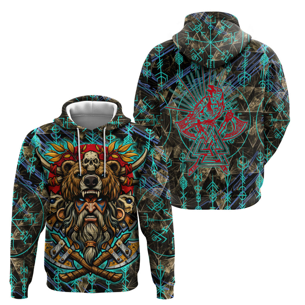 Viking Berserker Bear Warrior Zip Hoodie Norse Mythology Rune Sigil Illustration