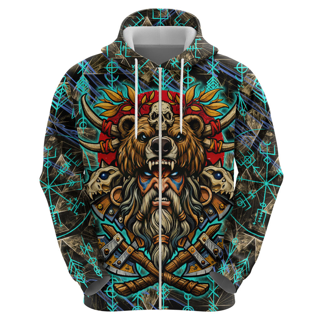 Viking Berserker Bear Warrior Zip Hoodie Norse Mythology Rune Sigil Illustration