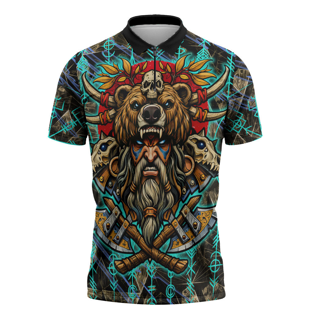 Viking Berserker Bear Warrior Zipper Polo Shirt Norse Mythology Rune Sigil Illustration