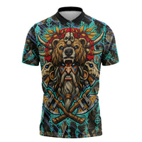 Viking Berserker Bear Warrior Zipper Polo Shirt Norse Mythology Rune Sigil Illustration