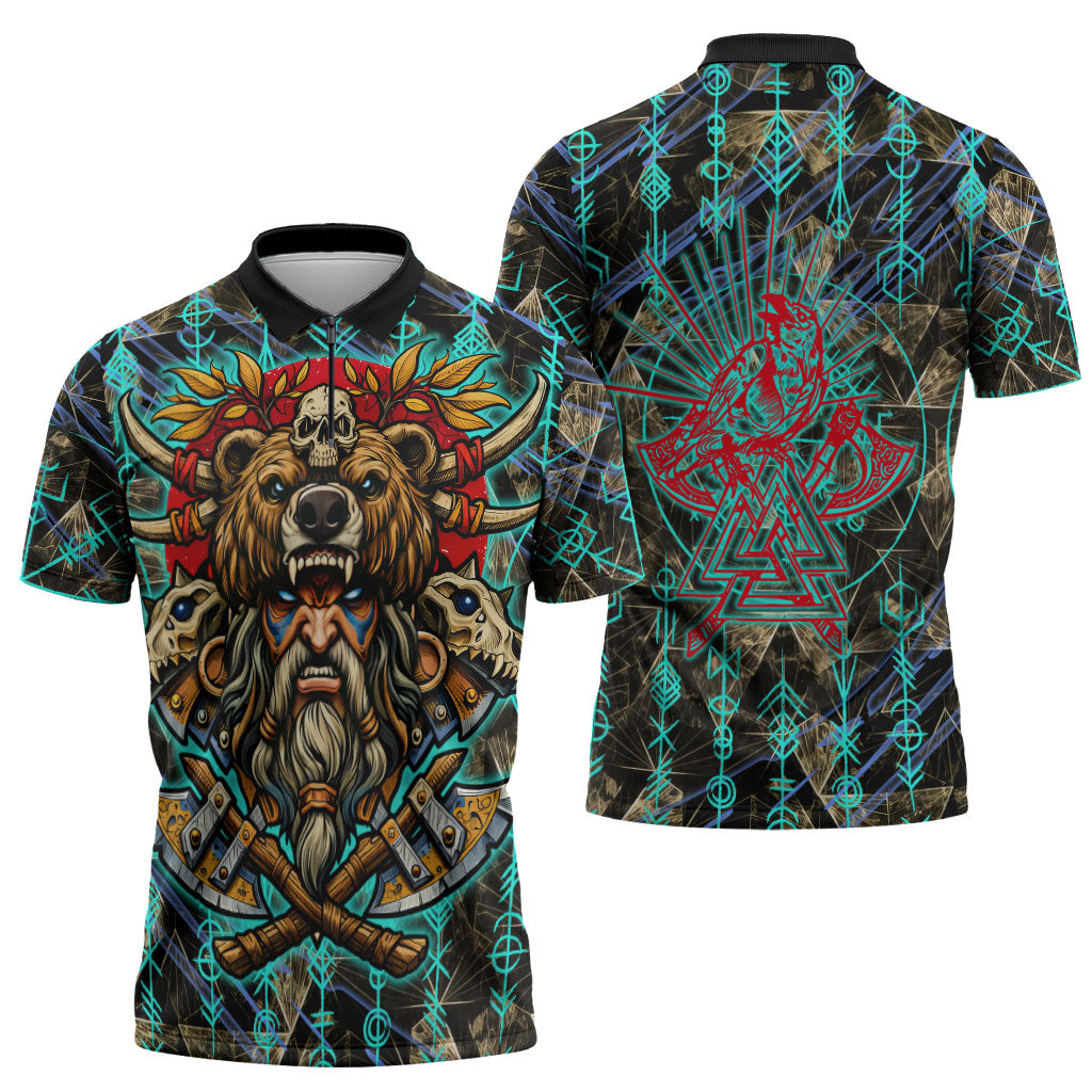 Viking Berserker Bear Warrior Zipper Polo Shirt Norse Mythology Rune Sigil Illustration