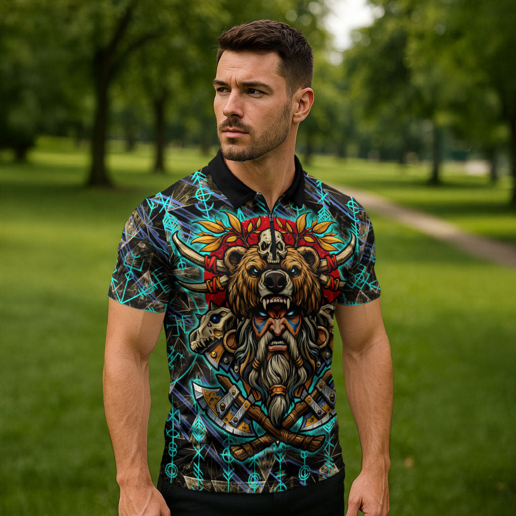 Viking Berserker Bear Warrior Zipper Polo Shirt Norse Mythology Rune Sigil Illustration