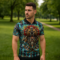 Viking Berserker Bear Warrior Zipper Polo Shirt Norse Mythology Rune Sigil Illustration