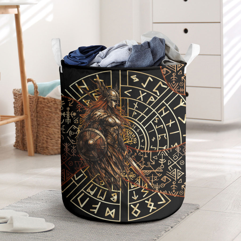 Viking Shieldmaiden and Yggdrasil Laundry Basket Norse Rune Circle Mythology Illustration