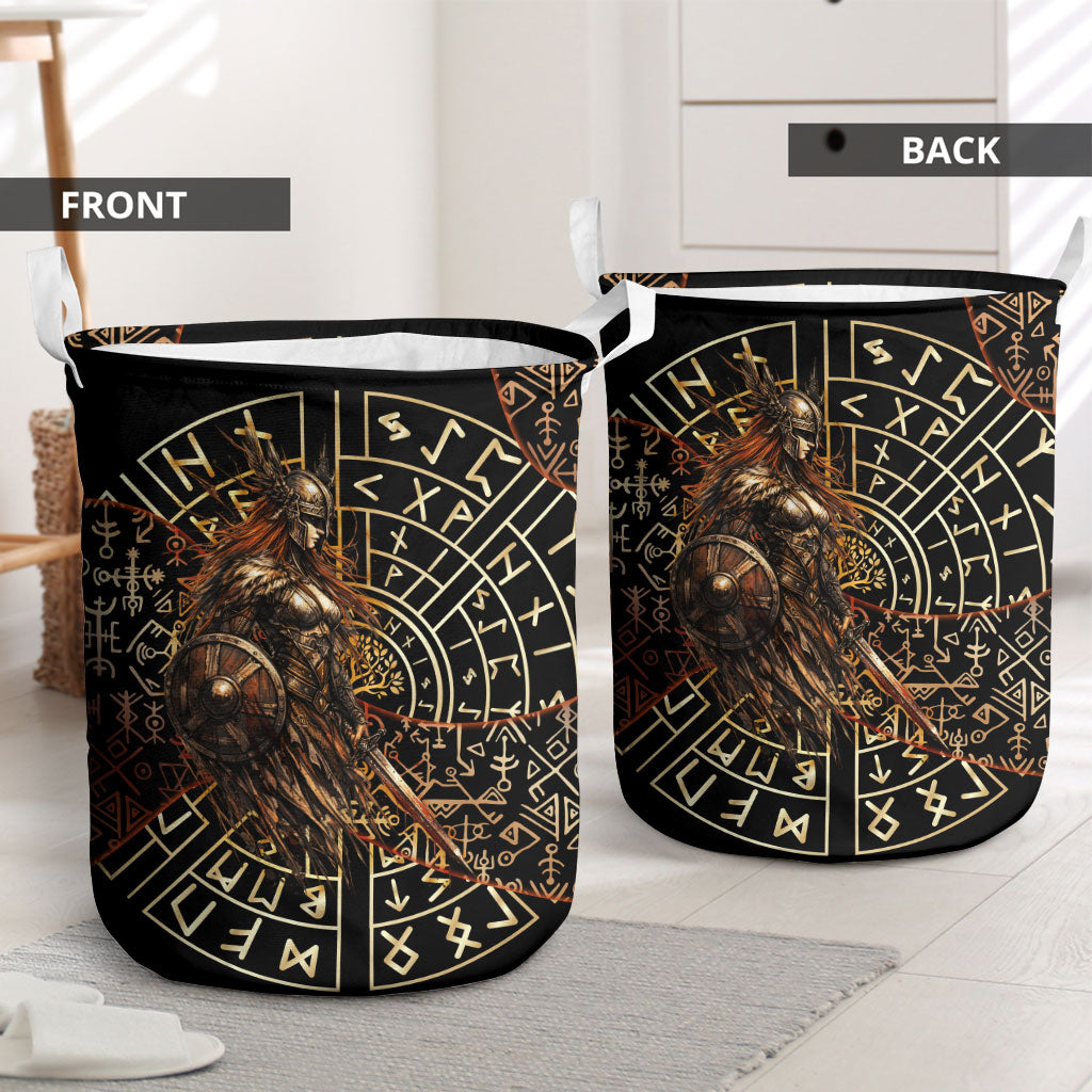 Viking Shieldmaiden and Yggdrasil Laundry Basket Norse Rune Circle Mythology Illustration