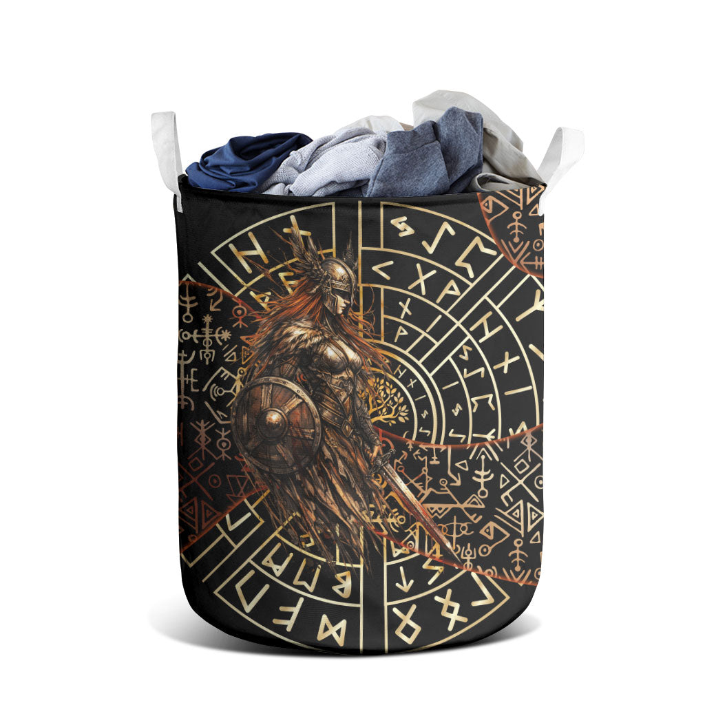 Viking Shieldmaiden and Yggdrasil Laundry Basket Norse Rune Circle Mythology Illustration