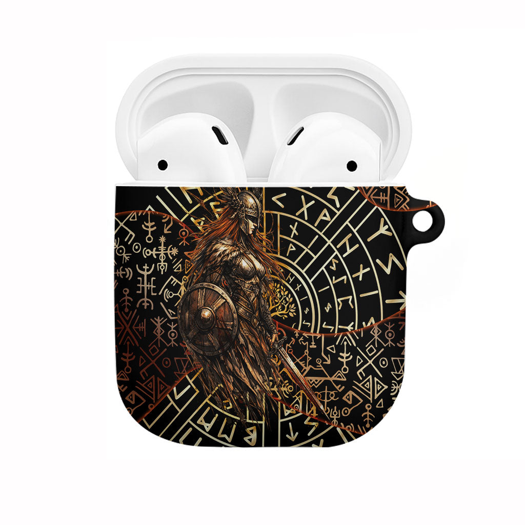 Viking Shieldmaiden and Yggdrasil AirPods Case Norse Rune Circle Mythology Illustration