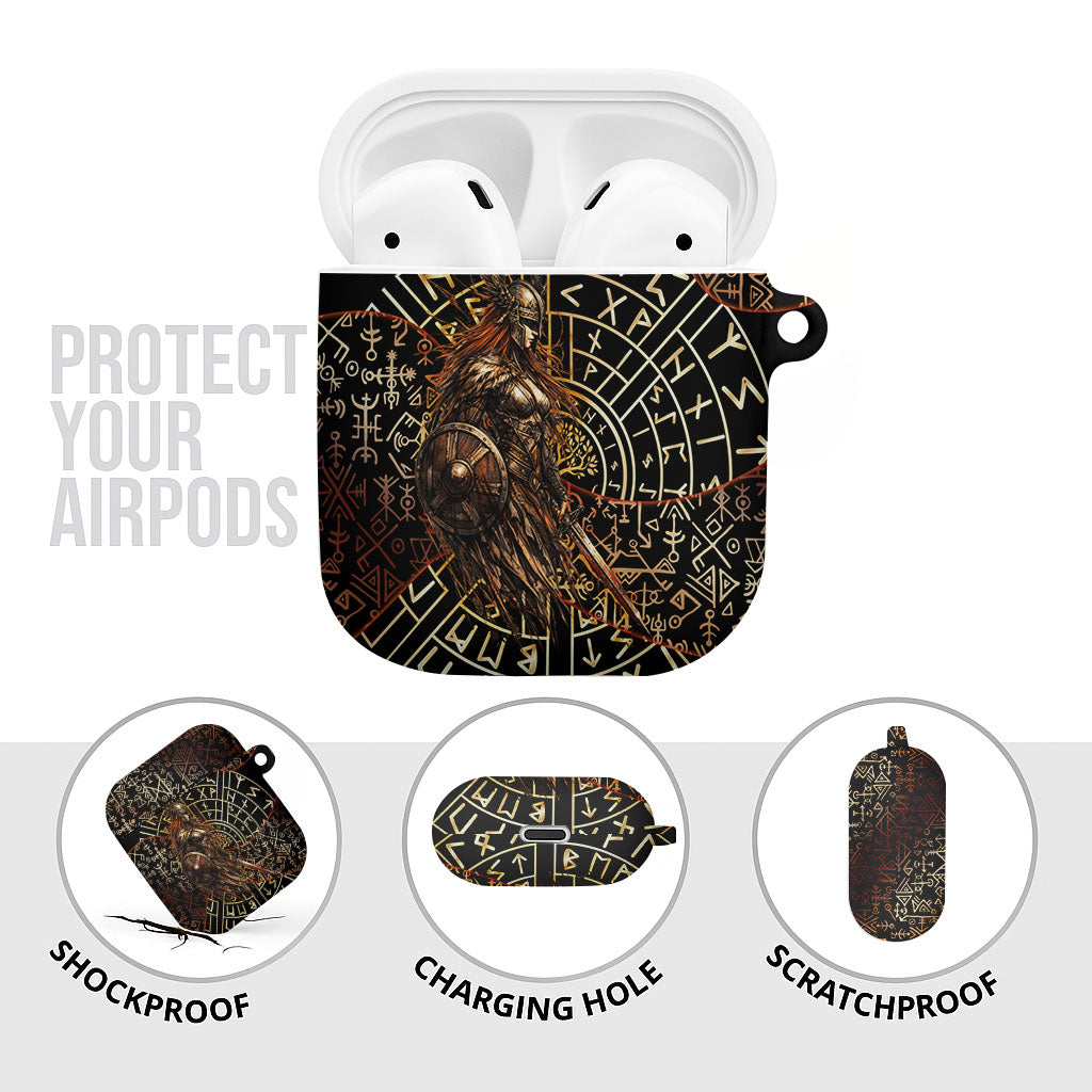 Viking Shieldmaiden and Yggdrasil AirPods Case Norse Rune Circle Mythology Illustration