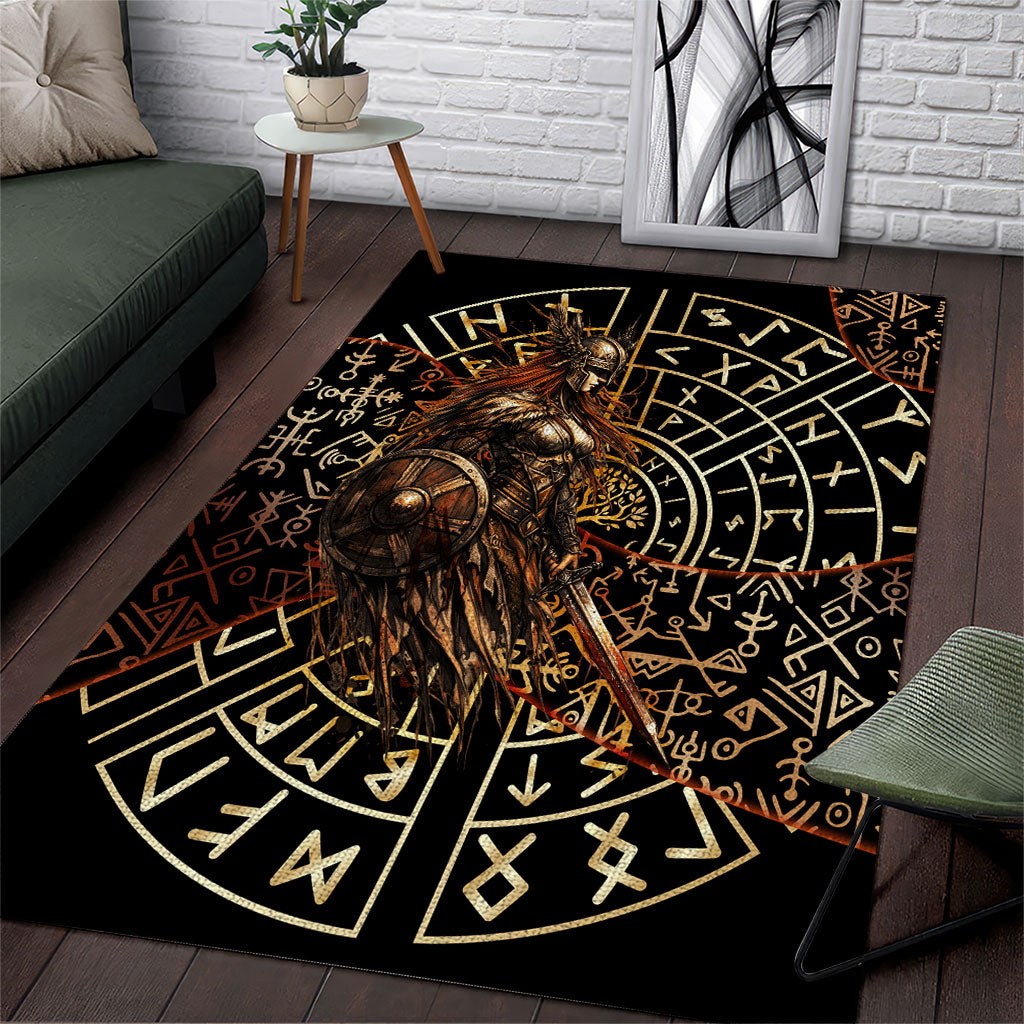 Viking Shieldmaiden and Yggdrasil Area Rug Norse Rune Circle Mythology Illustration