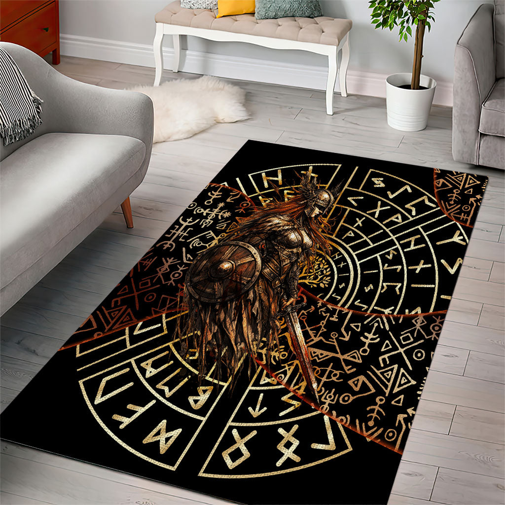 Viking Shieldmaiden and Yggdrasil Area Rug Norse Rune Circle Mythology Illustration