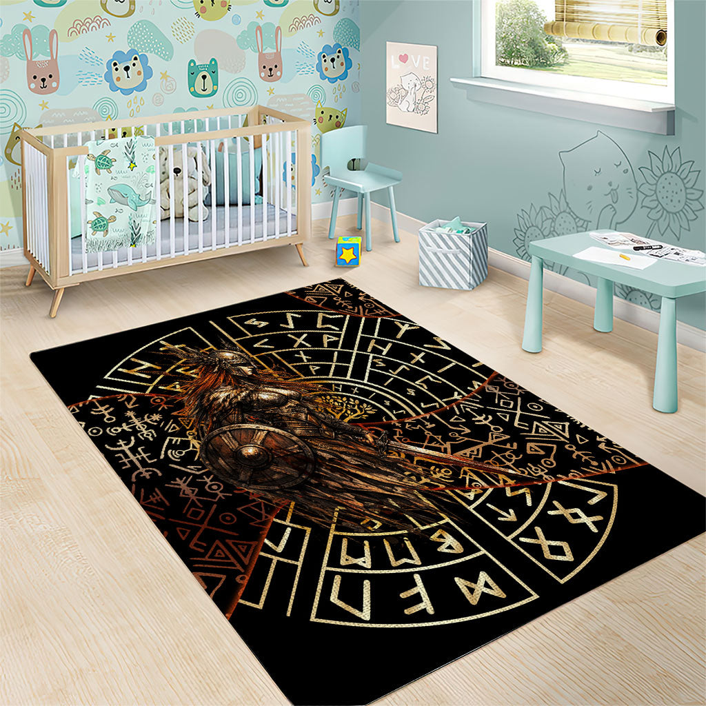 Viking Shieldmaiden and Yggdrasil Area Rug Norse Rune Circle Mythology Illustration